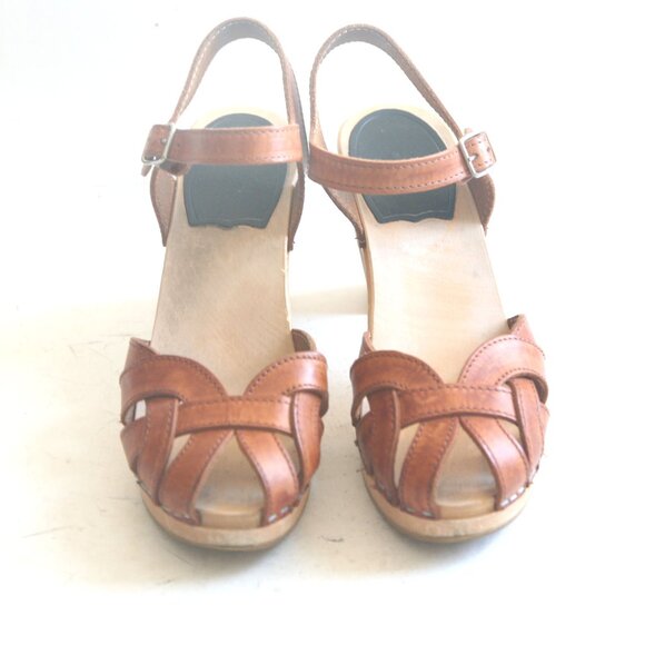 Size 7 (37) - SWEDISH HASBEENS Women's Tan Leather Peep Toe Heel Clog Sandals - Picture 2 of 7